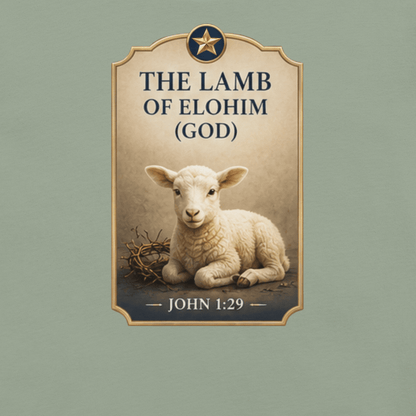 Faith-inspired The Lamb of Elohim T-shirt featuring a peaceful lamb design inspired by John 1:29