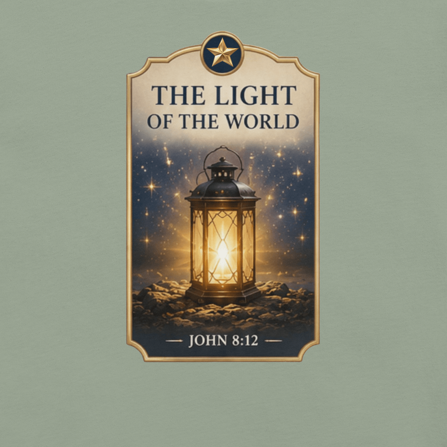 Faith-inspired The Light of the World T-shirt featuring a glowing lantern design inspired by John 8:12