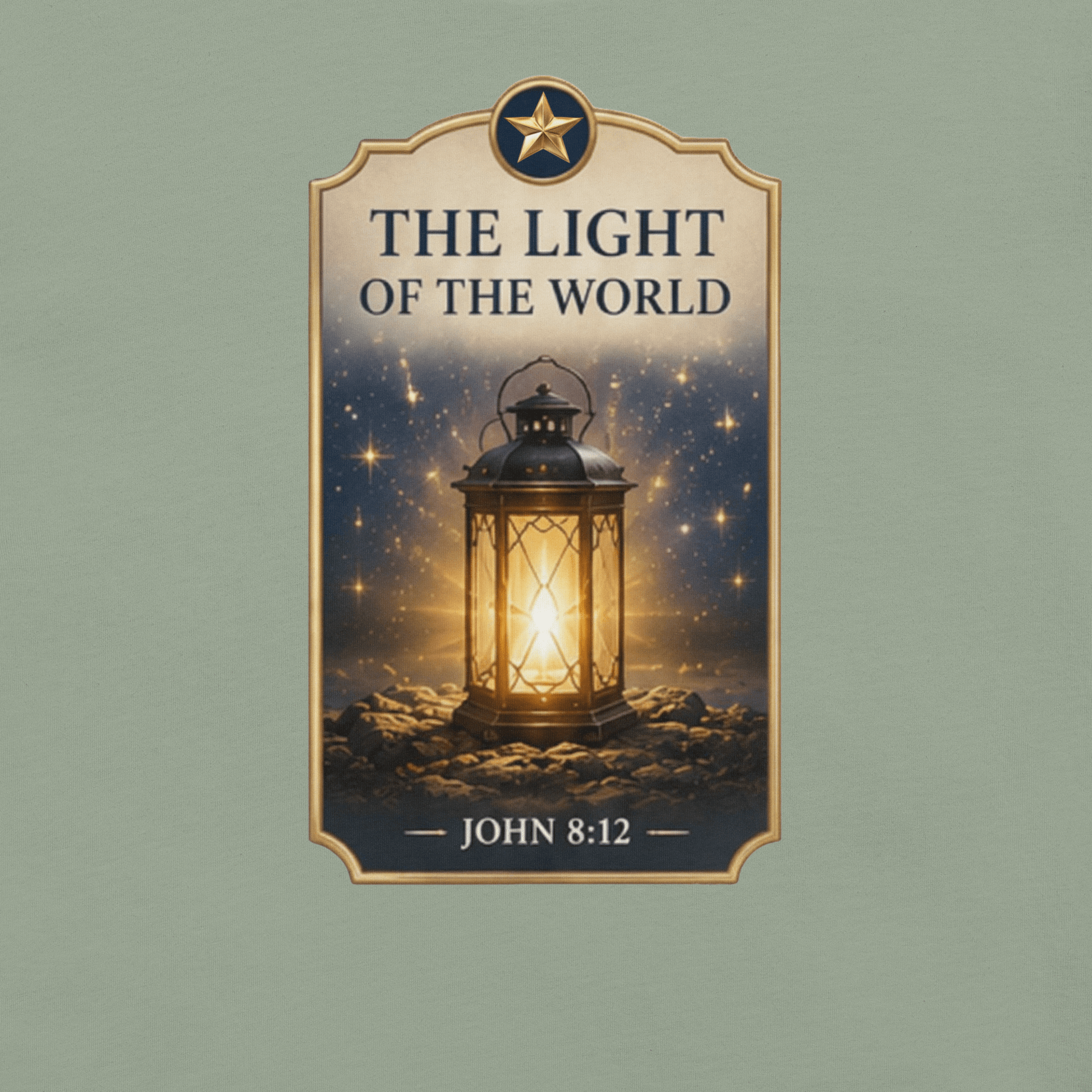Faith-inspired The Light of the World T-shirt featuring a glowing lantern design inspired by John 8:12