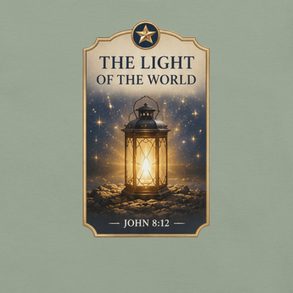 Faith-inspired The Light of the World T-shirt featuring a glowing lantern design inspired by John 8:12