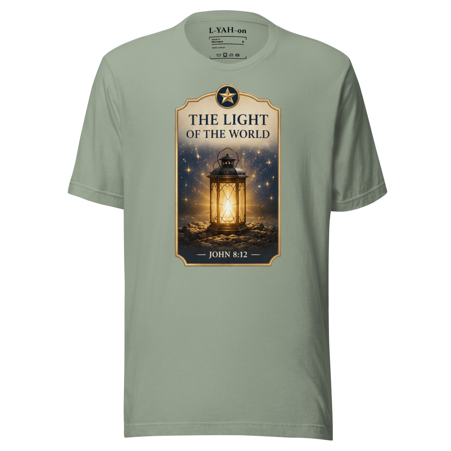 Faith-inspired The Light of the World T-shirt design inspired by John 8:12. A spiritual apparel with timeless meaning.