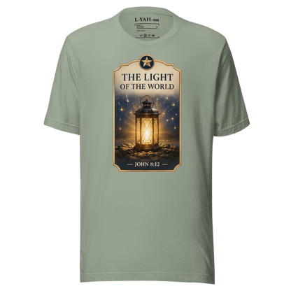 Faith-inspired The Light of the World T-shirt design inspired by John 8:12. A spiritual apparel with timeless meaning.