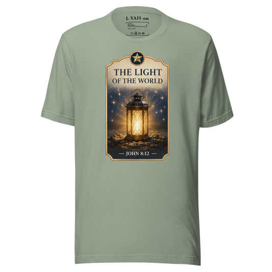 Faith-inspired The Light of the World T-shirt design inspired by John 8:12. A spiritual apparel with timeless meaning.