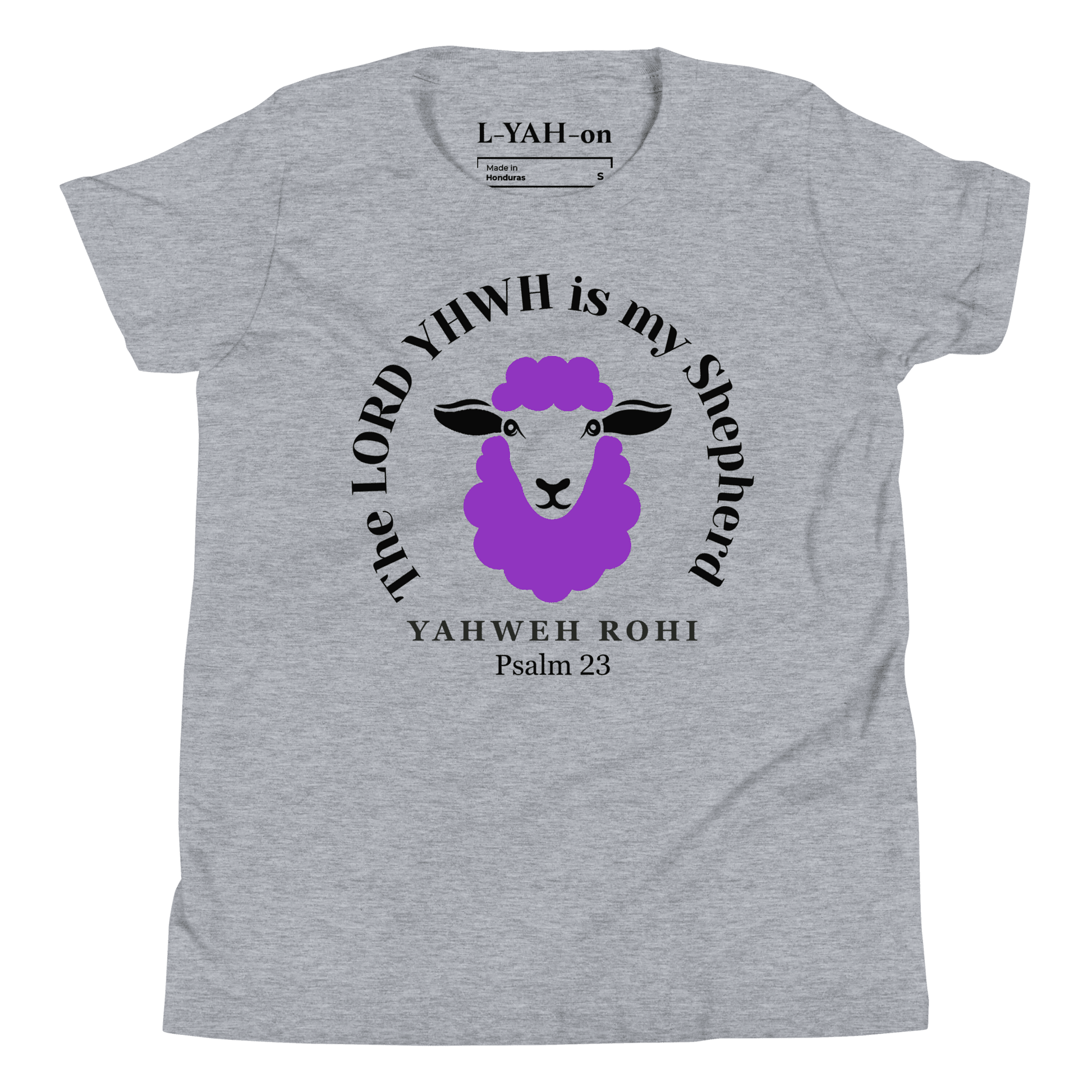 Gray t-shirt with a purple lamb graphic and text 