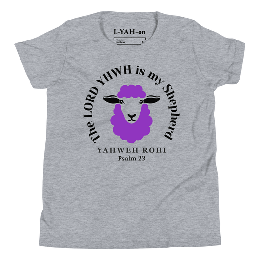 Gray t-shirt with a purple lamb graphic and text 