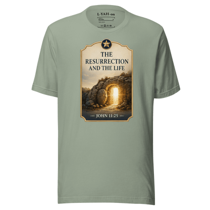 Faith-inspired The Resurrection and The Life T-shirt  design inspired by John 11:25. A spiritual apparel with timeless meaning.