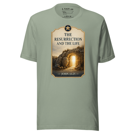 Faith-inspired The Resurrection and The Life T-shirt  design inspired by John 11:25. A spiritual apparel with timeless meaning.