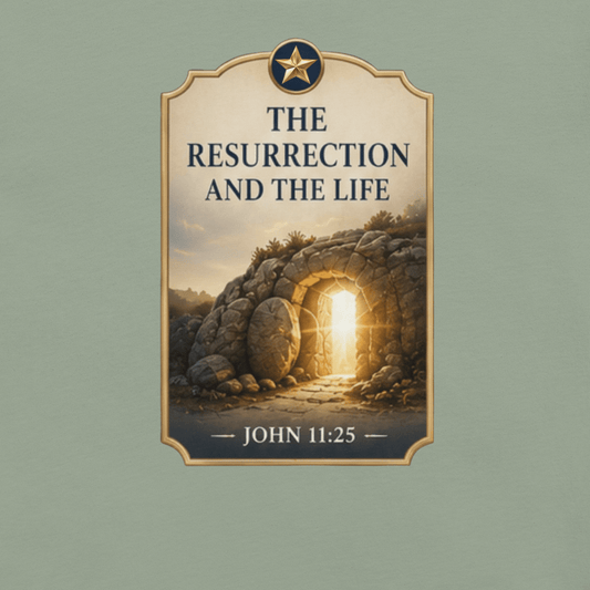 Faith-inspired The Resurrection and The Life T-shirt featuring an illuminated empty tomb design inspired by John 11:25