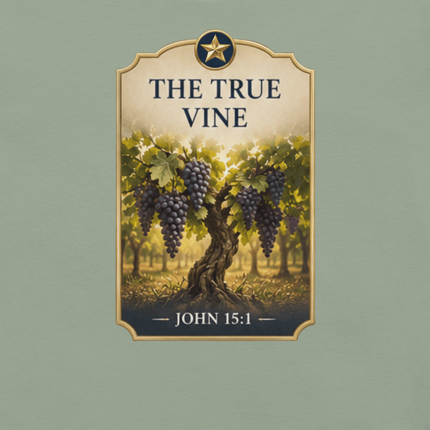 Faith-inspired The True Vine T-shirt featuring a vineyard and grapevine design inspired by John 15:1