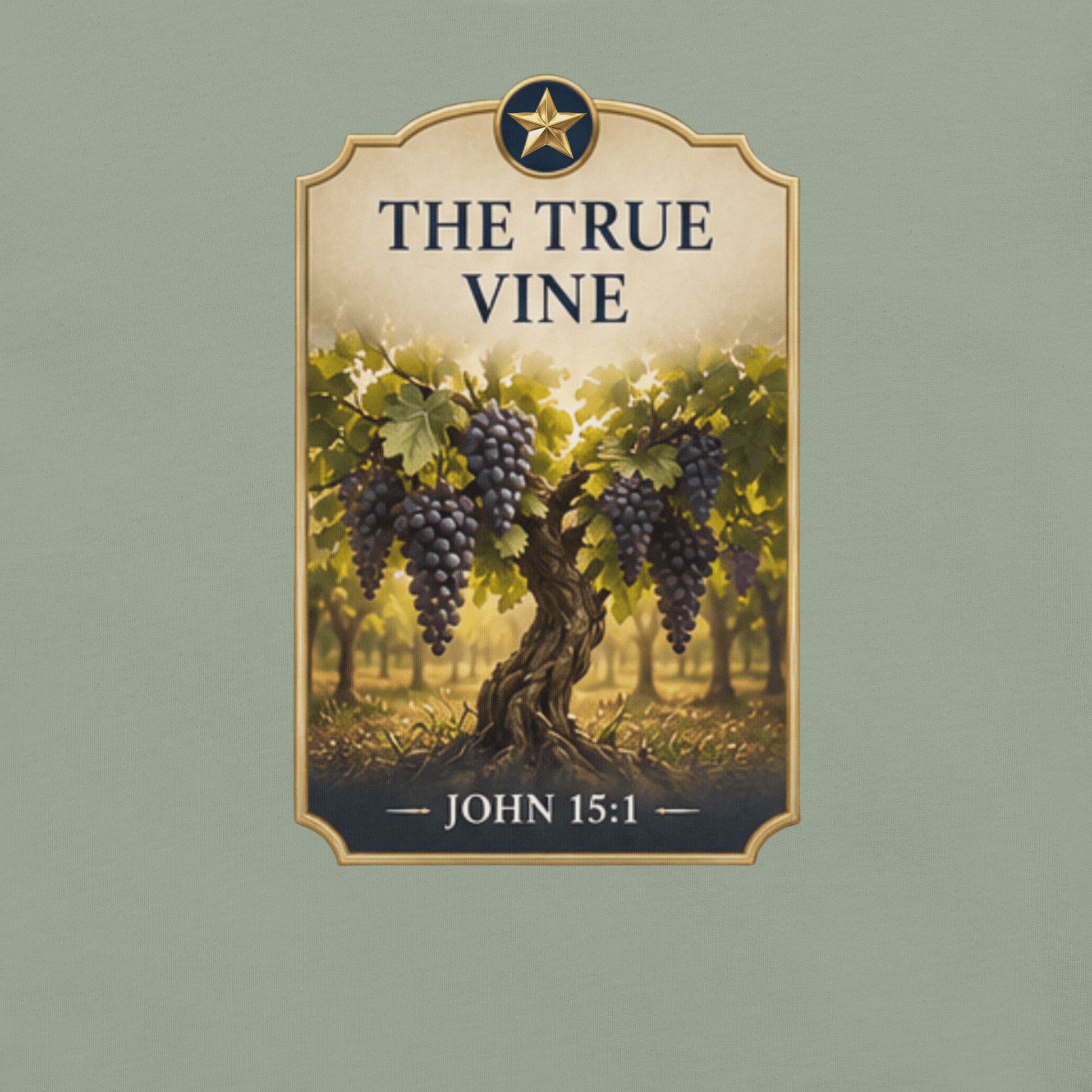 Faith-inspired The True Vine T-shirt featuring a vineyard and grapevine design inspired by John 15:1