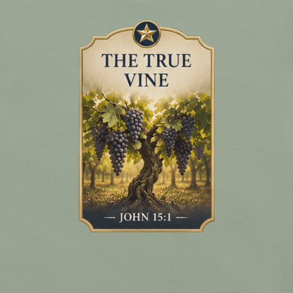Faith-inspired The True Vine T-shirt featuring a vineyard and grapevine design inspired by John 15:1