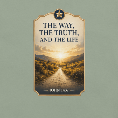 Faith-inspired The Way, The Truth, and The Life T-shirt featuring a scenic pathway design inspired by John 14:6.