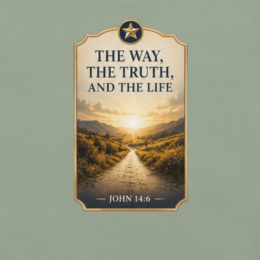 Faith-inspired The Way, The Truth, and The Life T-shirt featuring a scenic pathway design inspired by John 14:6.