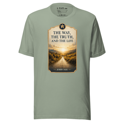 Faith-inspired The Way, The Truth, and The Life T-shirt design inspired by John 14:6. A spiritual apparel with timeless meaning.