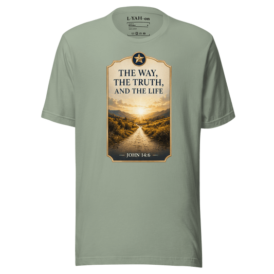 Faith-inspired The Way, The Truth, and The Life T-shirt design inspired by John 14:6. A spiritual apparel with timeless meaning.
