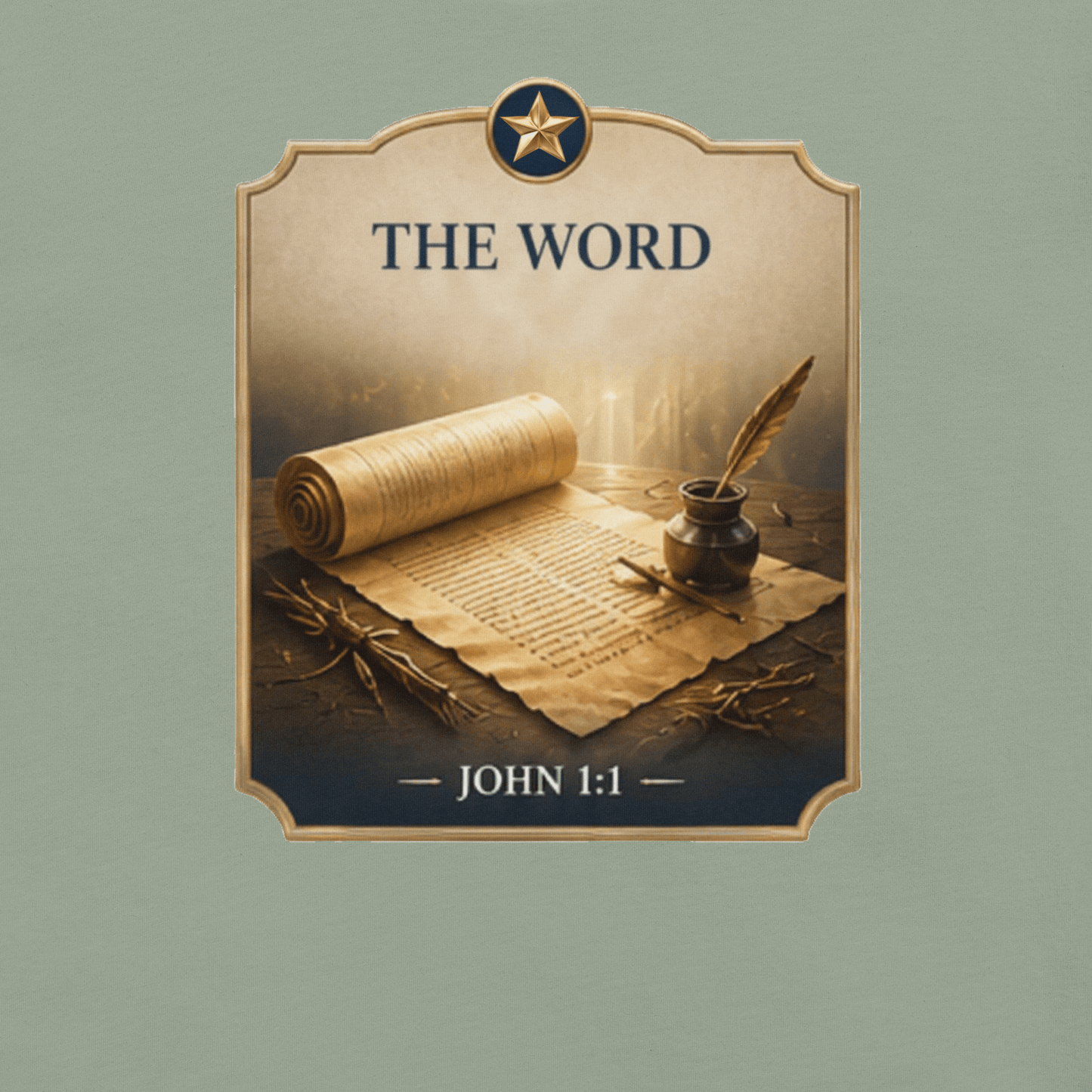 Faith-inspired The Word T-shirt featuring a scroll-and-quill design inspired by John 1:1