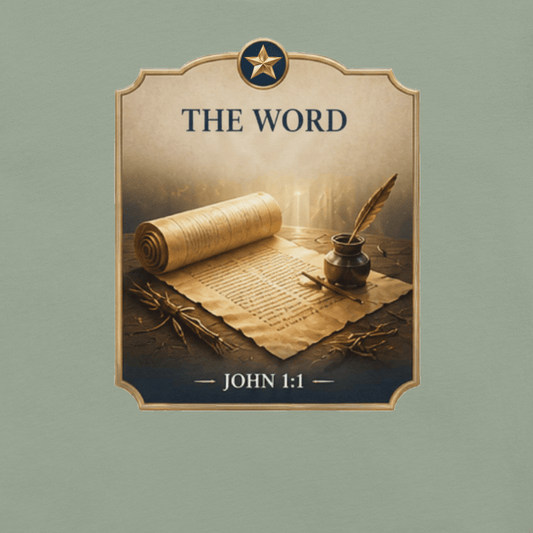 Faith-inspired The Word T-shirt featuring a scroll-and-quill design inspired by John 1:1