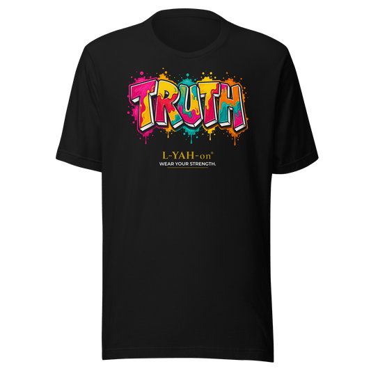 Black Truth Graffiti T-shirt with vibrant graffiti lettering representing truth, faith, and bold Christian streetwear.