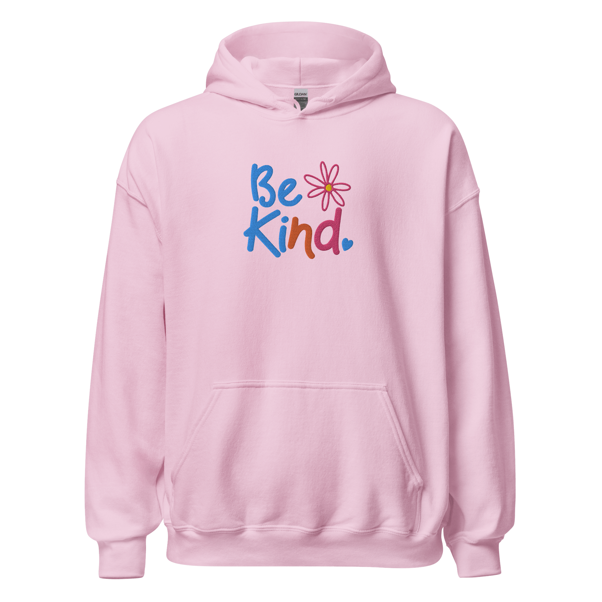 Pink hoodie with 'Be Kind' text and flower graphic on a green background