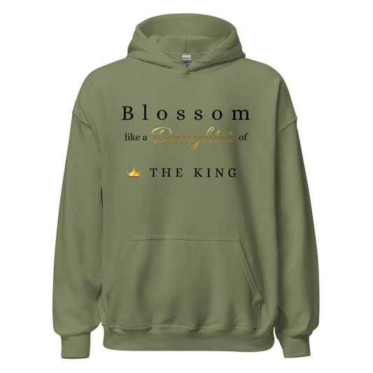 Green hoodie with text 'Blossom like a Daughter of THE KING' on a white background