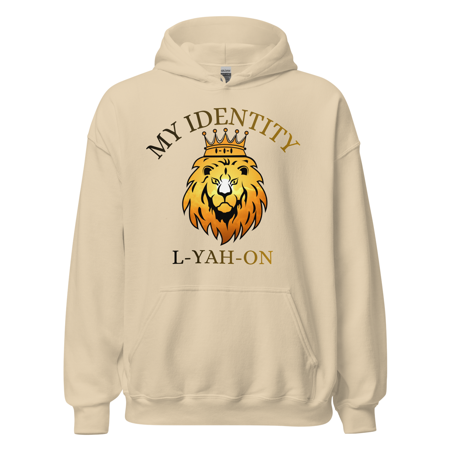Beige hoodie with a lion graphic and text on a white background