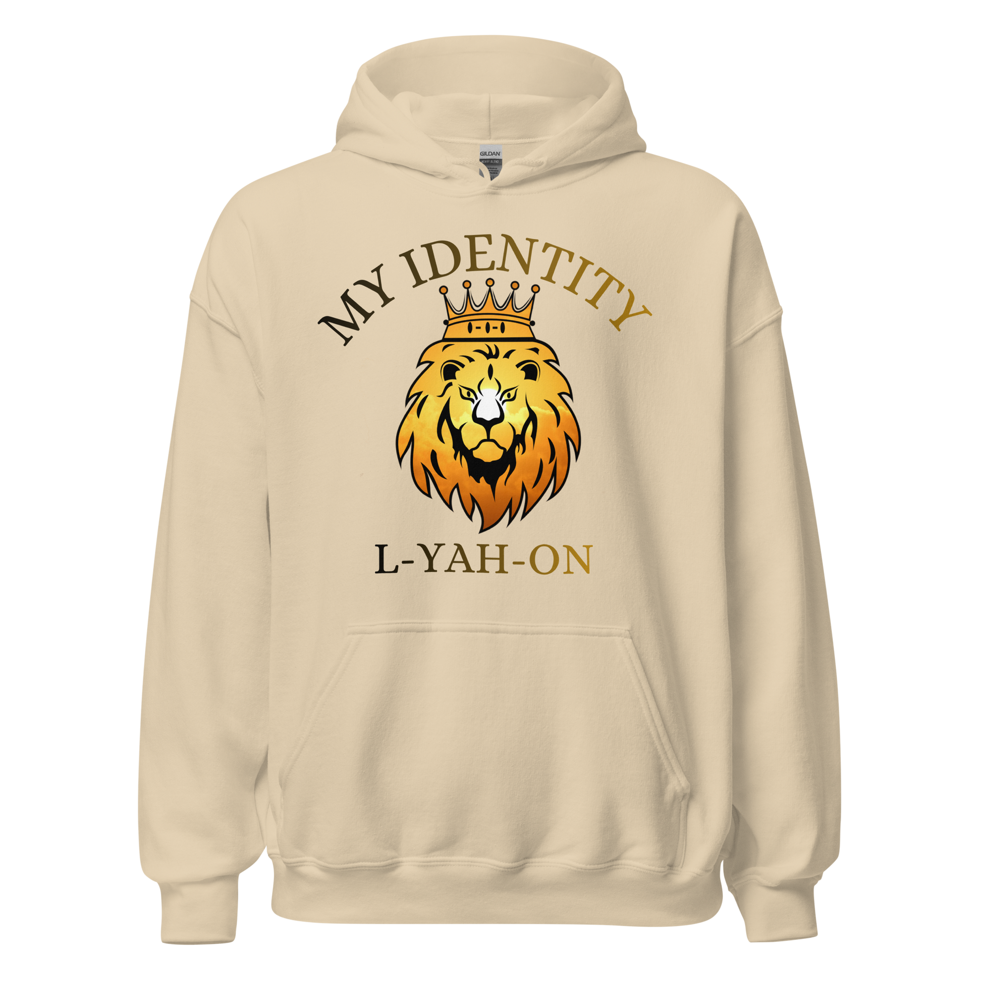 Beige hoodie with a lion graphic and text on a white background