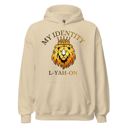 Beige hoodie with a lion graphic and text on a white background