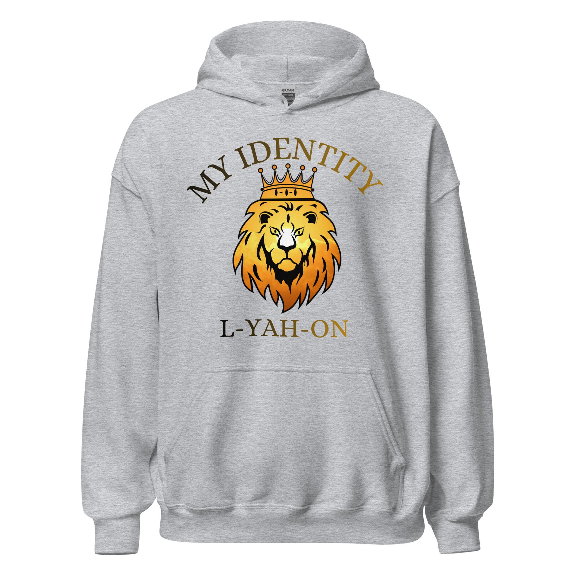 Gray hoodie with a lion graphic and text on a white background