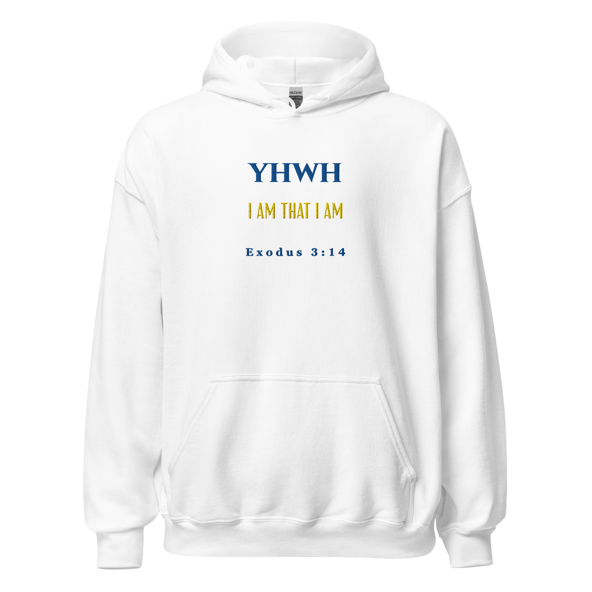 White hoodie with text 'YHWH', 'I AM THAT I AM', and 'Exodus 3:14' on a white background