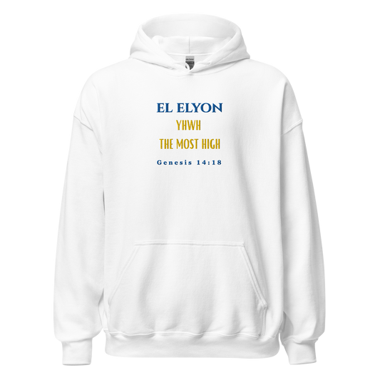White hoodie with text 'EL ELYON YHWH THE MOST HIGH Genesis 14:18' on a white background
