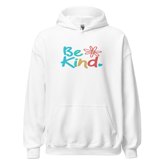 White hoodie with 'Be Kind' text and flower graphic on a white background