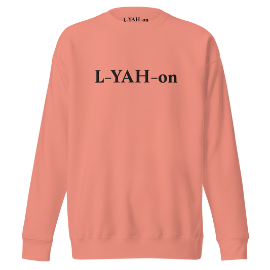 Peach sweatshirt with 'L-YAH-on' text on the back against a white background