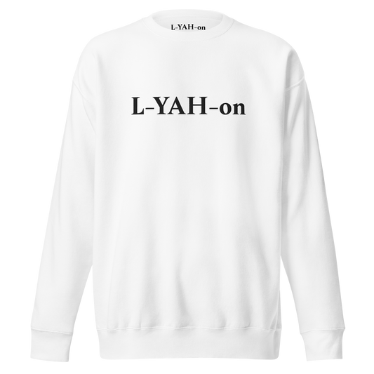 White sweatshirt with 'L-YAH-on' text on a white background