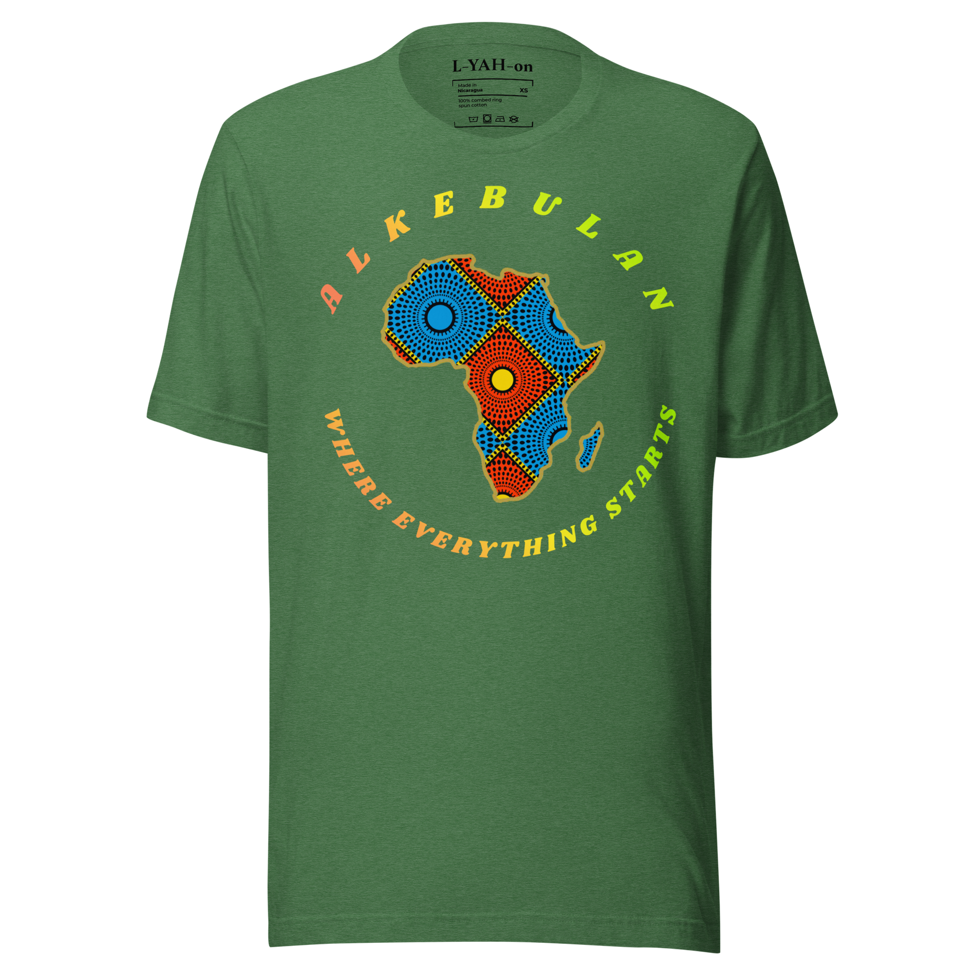 Green t-shirt with a colorful Africa map design and text on a white background