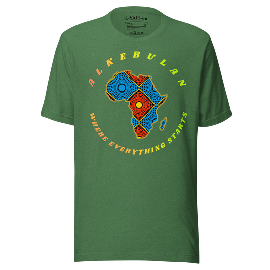 Green t-shirt with a colorful Africa map design and text on a white background