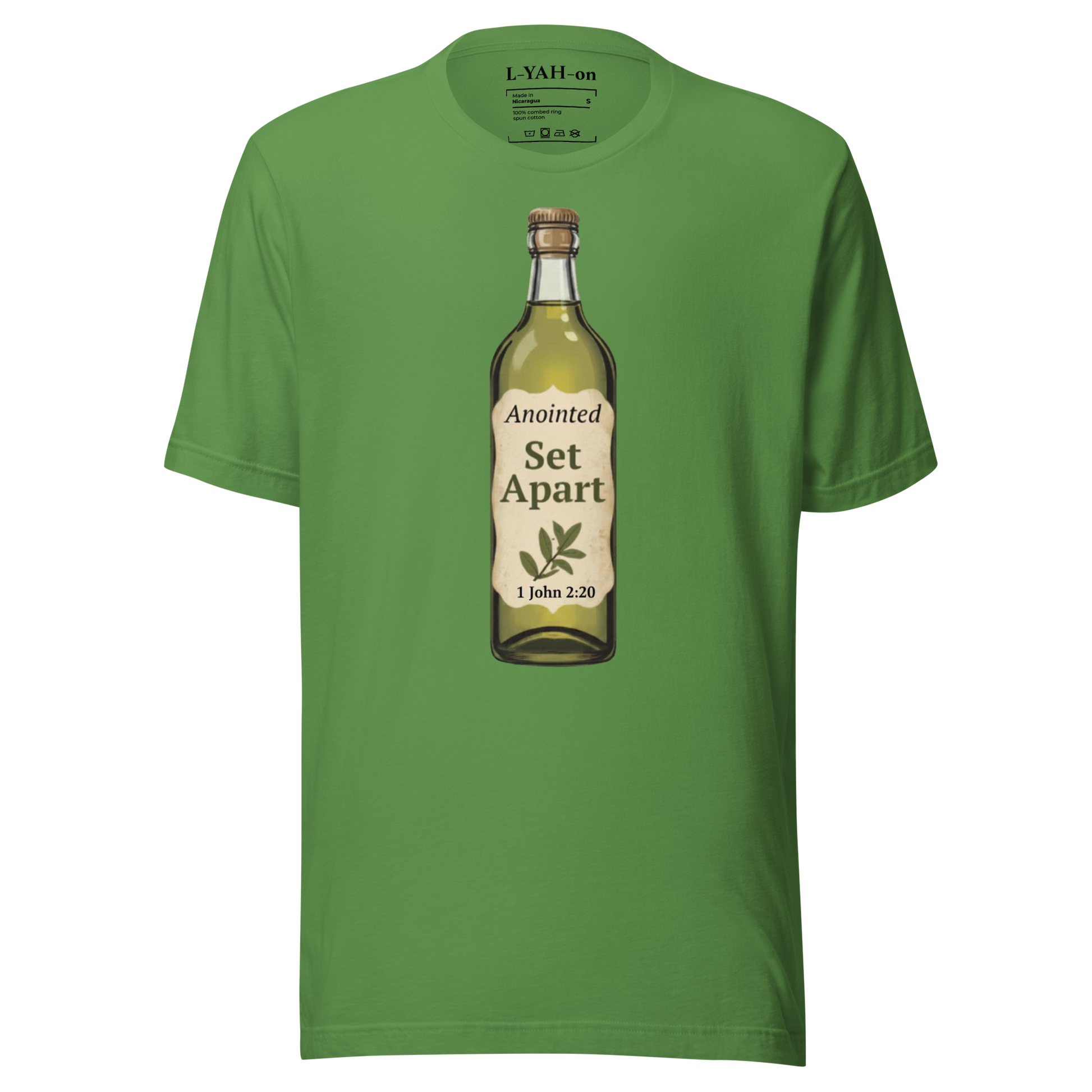 Green t-shirt with a bottle graphic and text on a white background