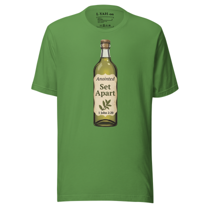 Green t-shirt with a bottle graphic and text on a white background