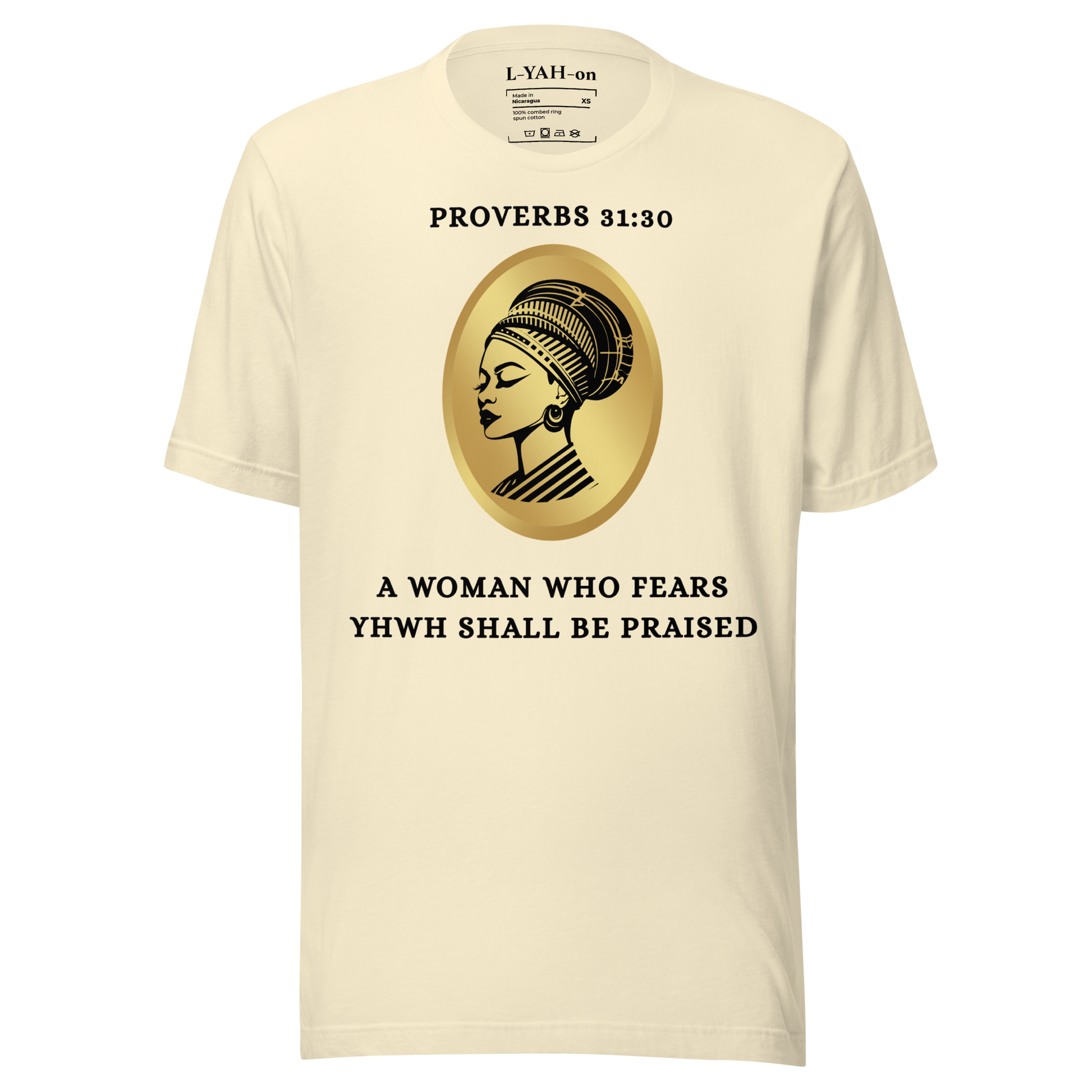 Beige t-shirt with a graphic of a woman's head and text on a white background