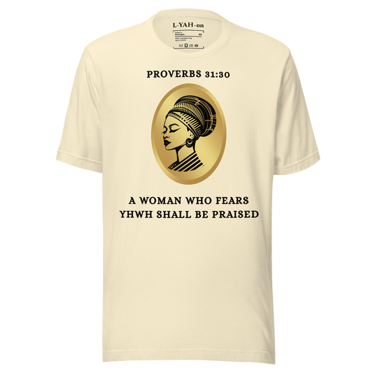 Beige t-shirt with a graphic of a woman's head and text on a white background