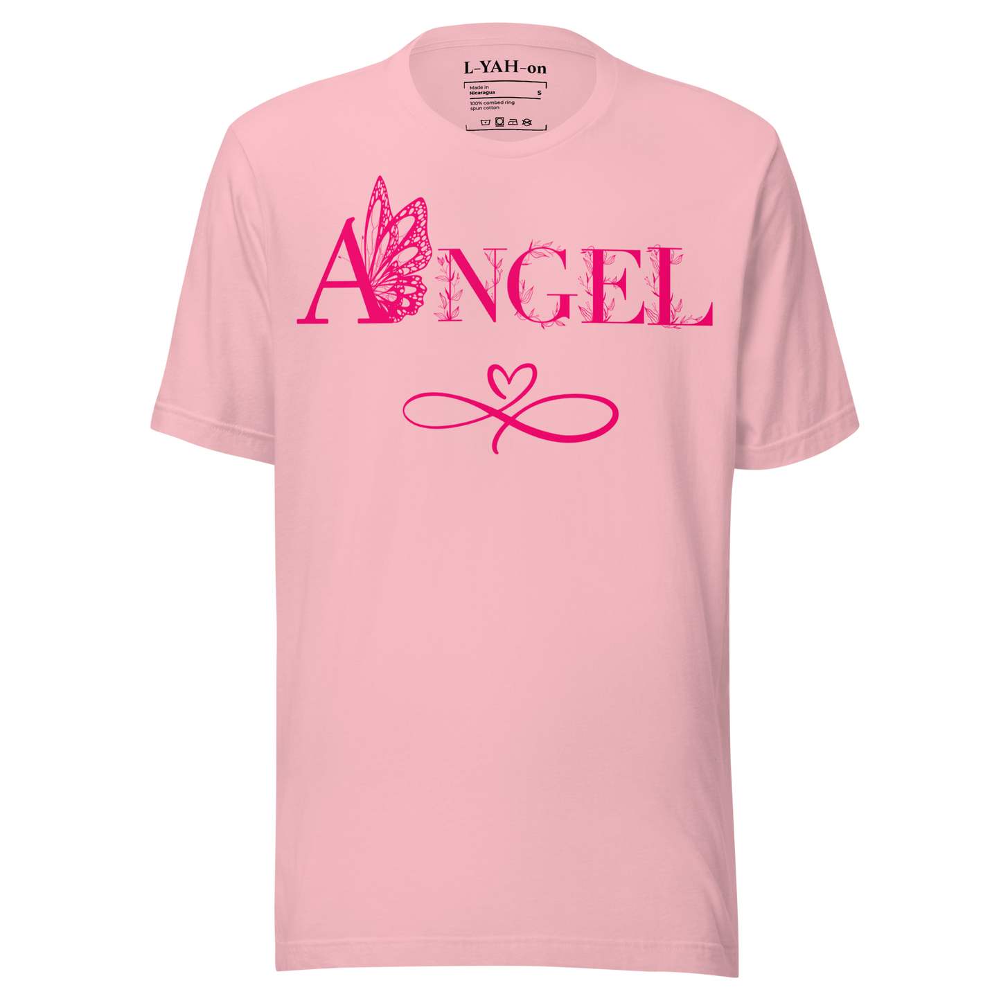 Pink t-shirt with 'ANGEL' design on a white background