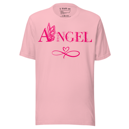 Pink t-shirt with 'ANGEL' design on a white background