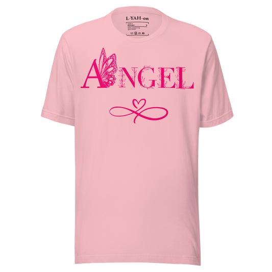 Pink t-shirt with 'ANGEL' design on a white background