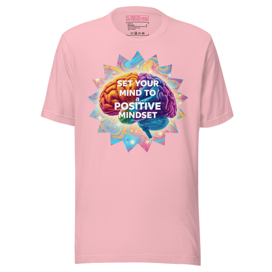 Pink t-shirt with a colorful brain graphic and text 'Set your mind to a positive mindset' on a white background.