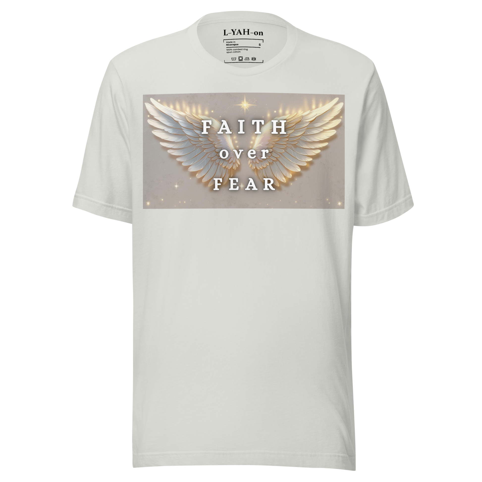 White t-shirt with 'Faith over Fear' design featuring wings on a white background