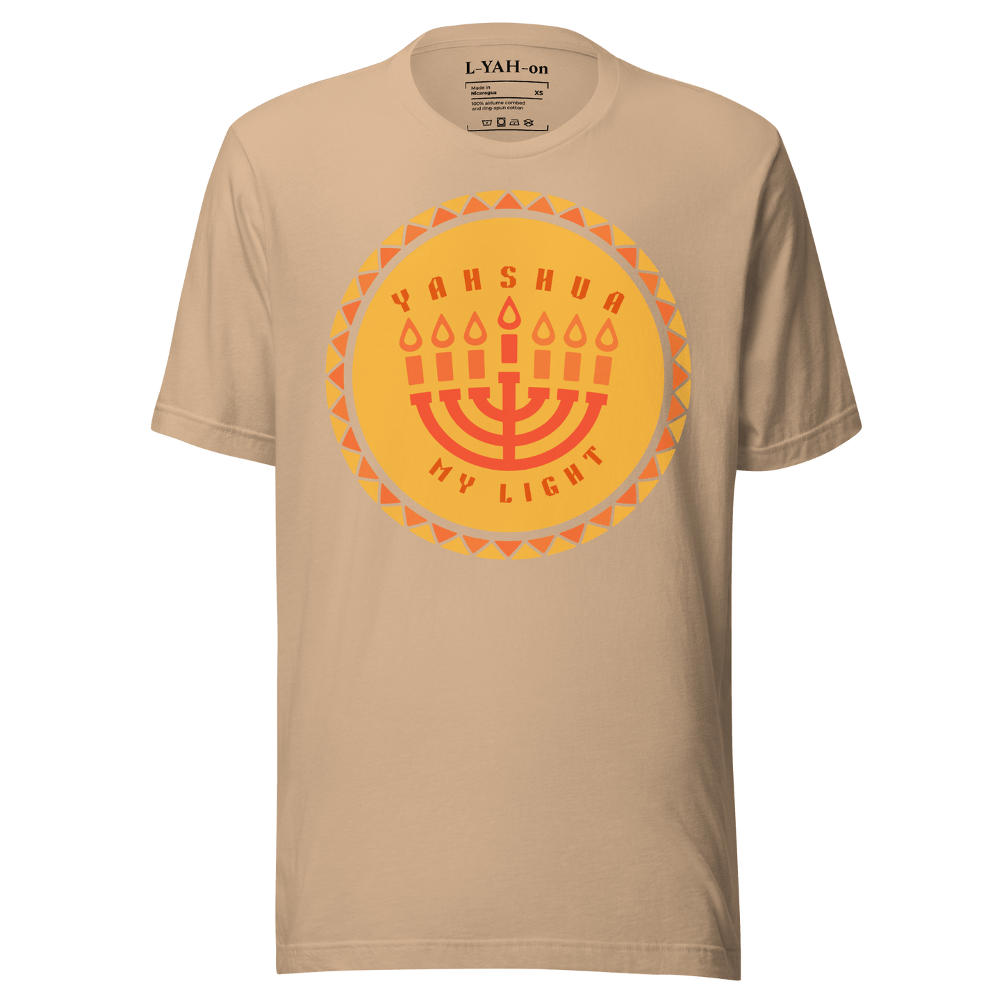 Beige t-shirt with a circular design featuring a menorah and text on a transparent background