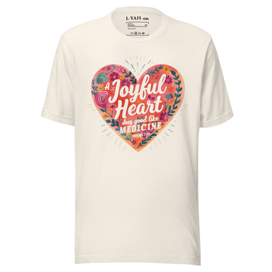 White t-shirt with a colorful heart design and text on a white background