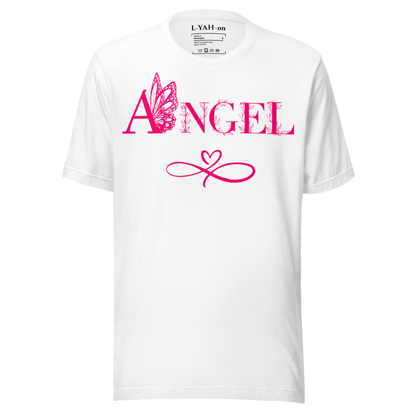White t-shirt with pink 'ANGEL' design on a white background