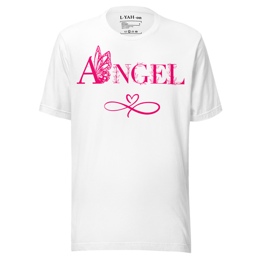 White t-shirt with pink 'ANGEL' design on a white background