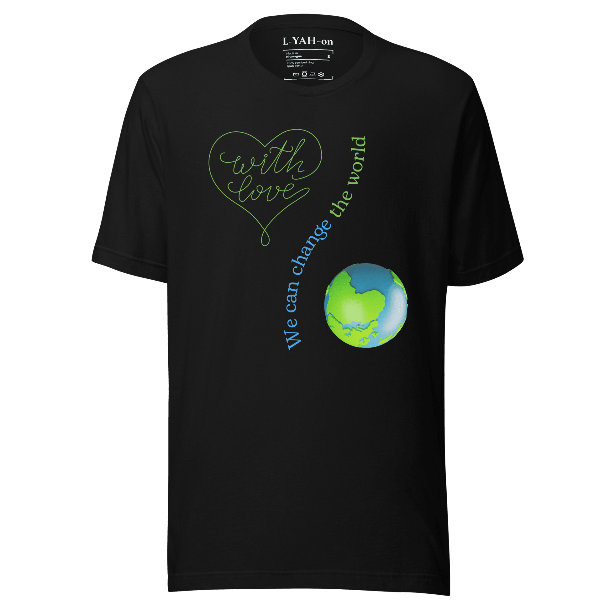 Black t-shirt with green and blue graphic design on a transparent background