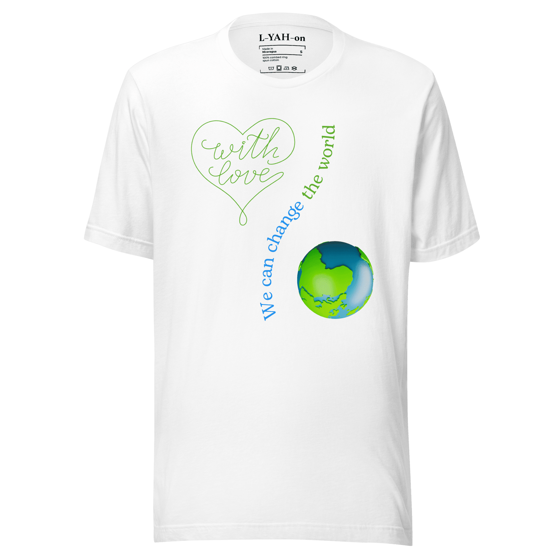 White t-shirt with green and blue graphics and text on a transparent background